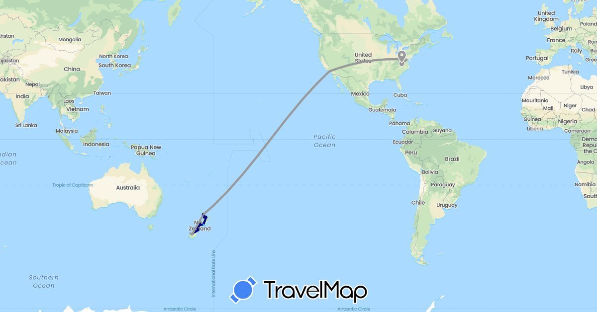 TravelMap itinerary: driving, plane, boat in New Zealand, United States (North America, Oceania)
